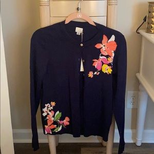Navy blue cardigan with floral print